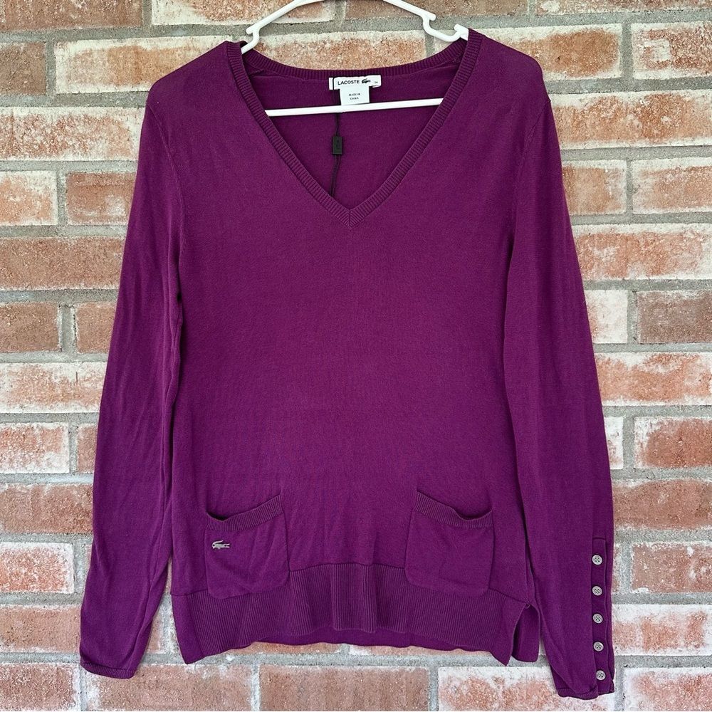 Lacoste V Neck Cotton Sweater Women’s EU 34 Small Purple Pockets Buttons Luxury